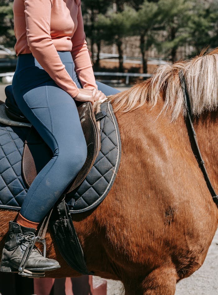 Equestrian riding gear and posture on a brown horse during daytime practice.